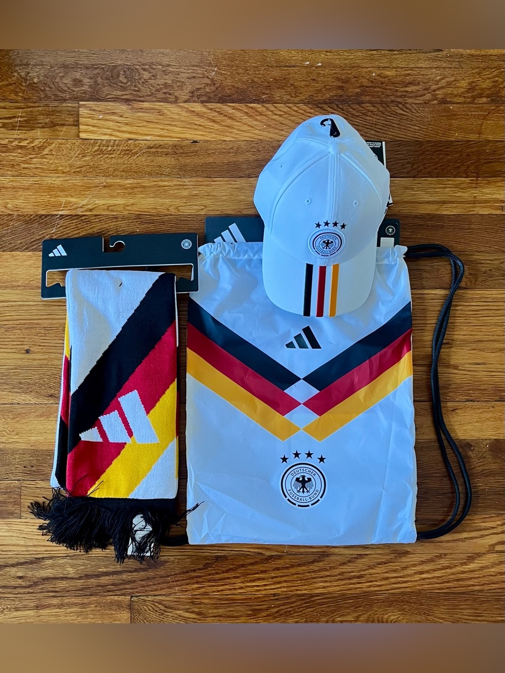 Adidas Germany Adjustable Soccer Cap,Adidas Germany Gym Sack Bag & Adidas Scarf